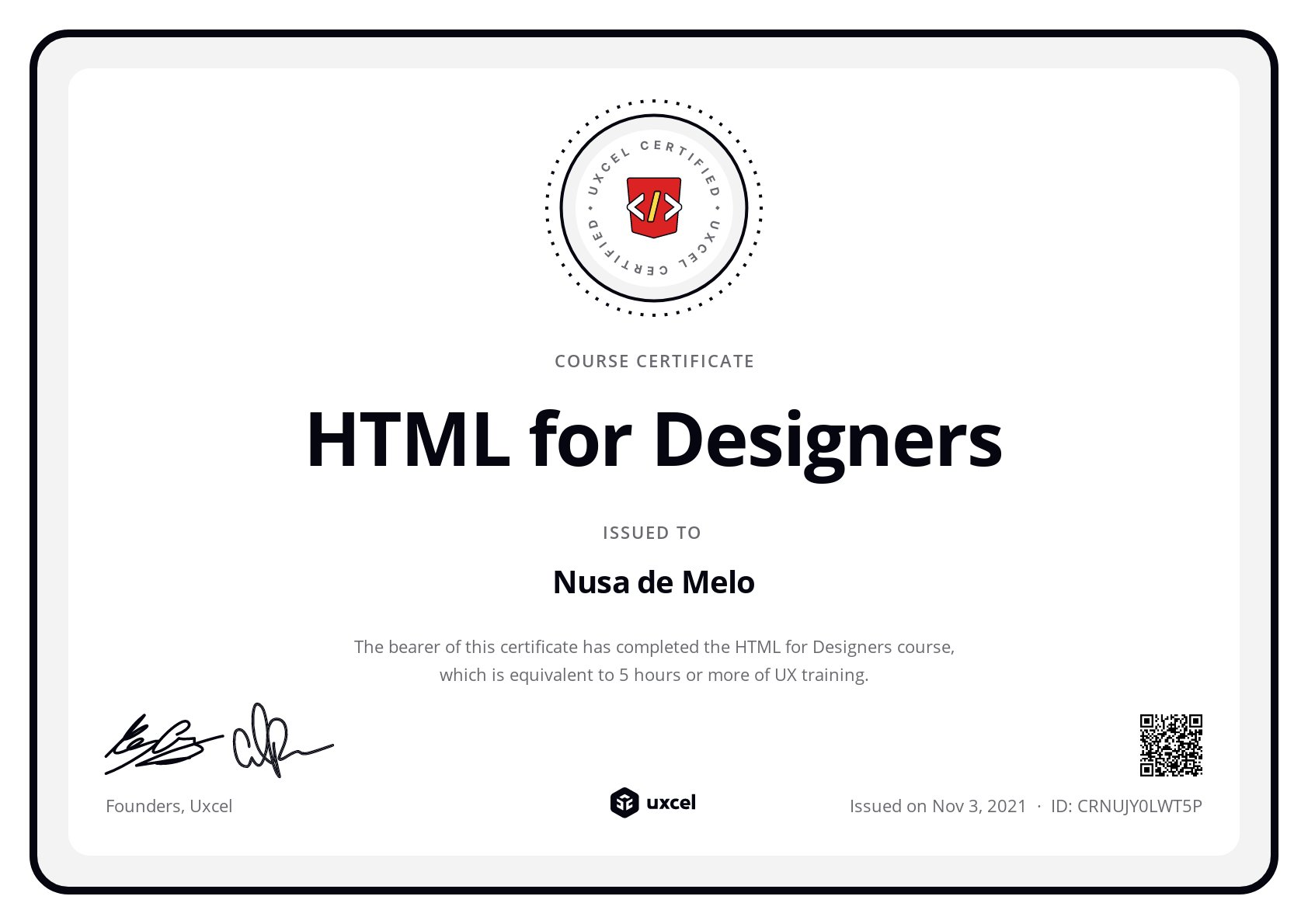 Nusa de Melo's certificate